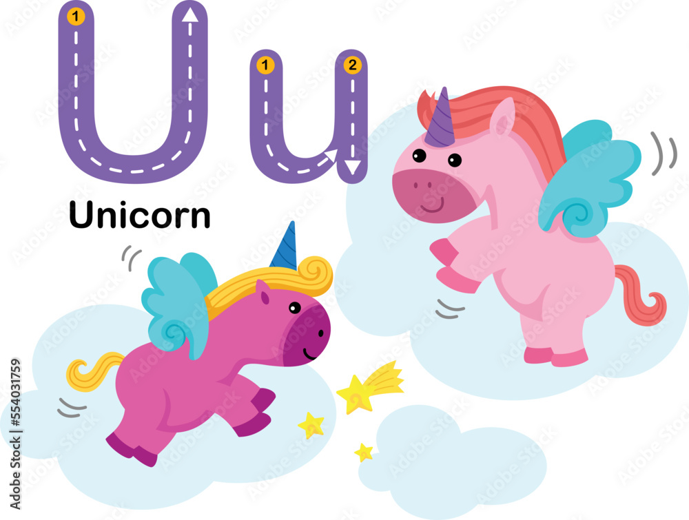 Alphabet Letter U-Unicorn with cartoon vocabulary illustration, vector