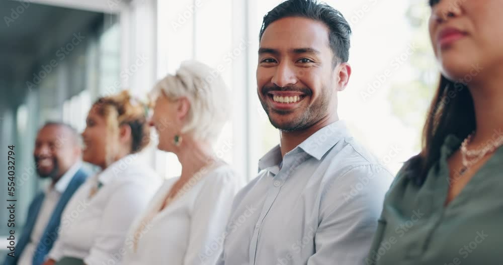 Hiring, recruitment or people in a waiting room for a job interview opportunity for a marketing or advertising post. Face, group meeting or portrait of happy man in a line with business experience Hiring, recruitment or people in a waiting room for a job interview opportunity for a marketing or advertising post. Face, group meeting or portrait of happy man in a line with business experience