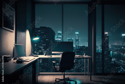 Office space with a cement floor, glass walls, table, chair, blank computer screen, and a nighttime city view. combined media. Generative AI