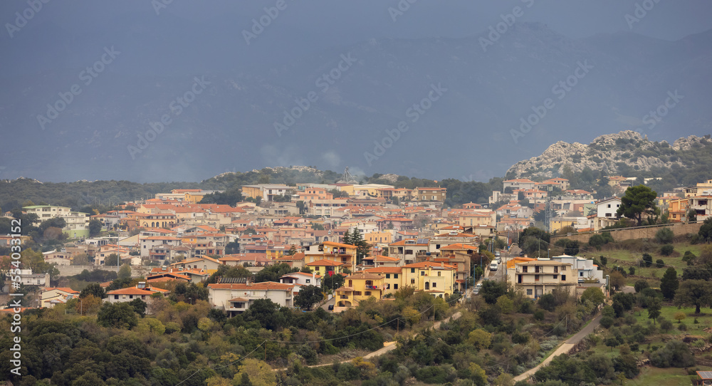 View of small touristic town in the mountains. Dorgali, Sardinia, Italy.