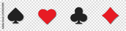 Set collection gambling sign symbol of playing card suits and chips for poker and casino. Hearts, clubs, diamonds and spades on an isolated transparent background.