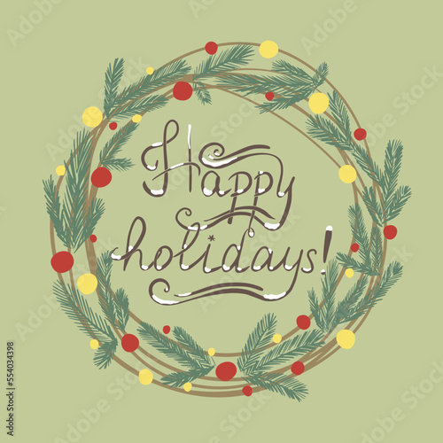Christmas wreath card happy holidays lettering vector