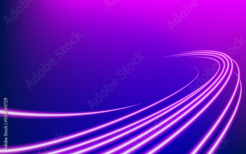 Abstract wallpaper of blue and purple lines trails with motion blur effect in the dark, texture of neon light, cover background. Technology dynamic concept of energy speed road for banner or flyer.