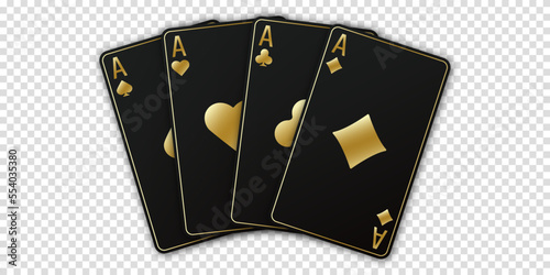 A fan of playing cards consisting of four black and golden Ace of Spades, Diamonds, Clubs, Hearts. Vector illustration poker and casino of all the aces on a transparent background.