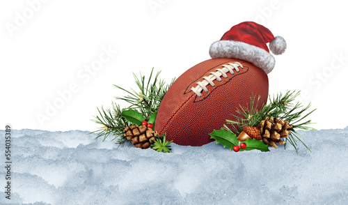 Winter Football and Christmas holiday sports as an American sport during the cold season on a field with snow and pine cones as a concept for a team sport competition photo