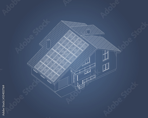 Contemporary  suburban house  with roof solar panels. Isolated 3D vector. Blueprint.