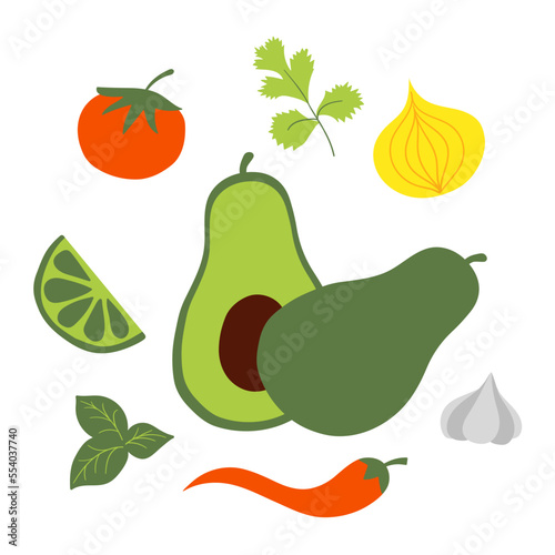 Fresh raw ingredients for mexican avocado sauce guacamole. Flat vector illustration