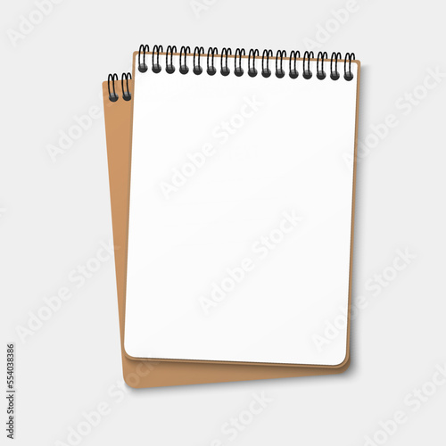 A notebook with a horizontal spring coil lies on top of another notebook. Notepad with a white sheet. Vector illustration isolated on white background