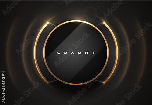 Glossy black circle logo frame, gold edge. Luxury dark frame, golden line brackets border black background. Abstract ring vector glow light waves. Vibration motion light effect. Resonance round frame