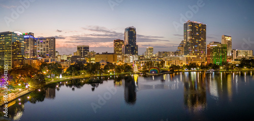 Aerial panorama of downtown Orlando  Florida. USA. Lake Eola in December  2022.