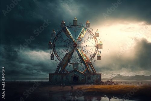 An abandoned carnival with a ferris wheel on a cloudy day. Digital illustration. Generative AI