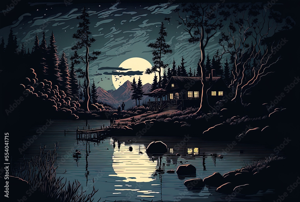 cartoon image of a nighttime lake scene. Generative AI Stock ...