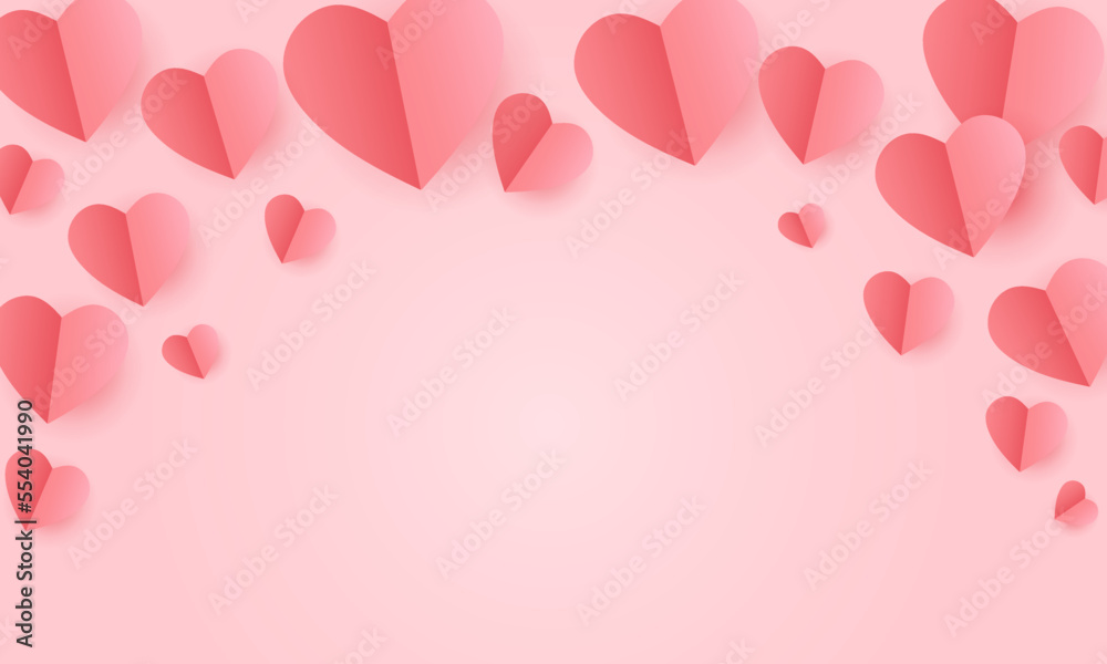 Pink hears background or banner, paper cut romantic concept, top view. Beautiful cute hearts on pastel pink background, flat lay composition. Valentines Day greeting card concept. Mothers Day design.