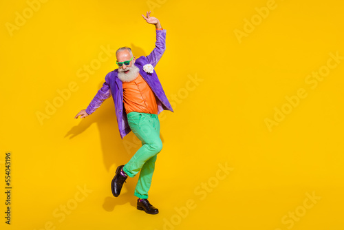 Photography Full length photo of attractive excited man wear purple velvet jacket enjoying d