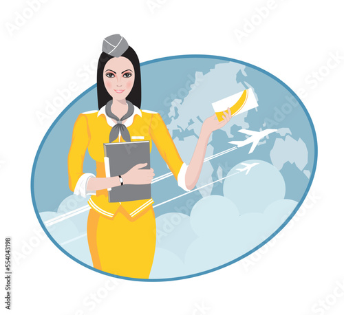 Air Travel: Air hostess holding ticket to the flight, presenting her company's services