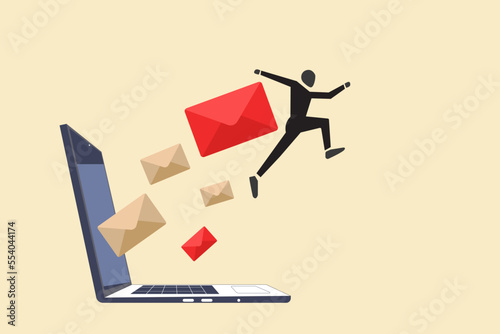 businessman run away from overload flying mail letter from computer laptop.concept of work overload, stress, pressure, and too many mails that reduce productivity in work and time management.