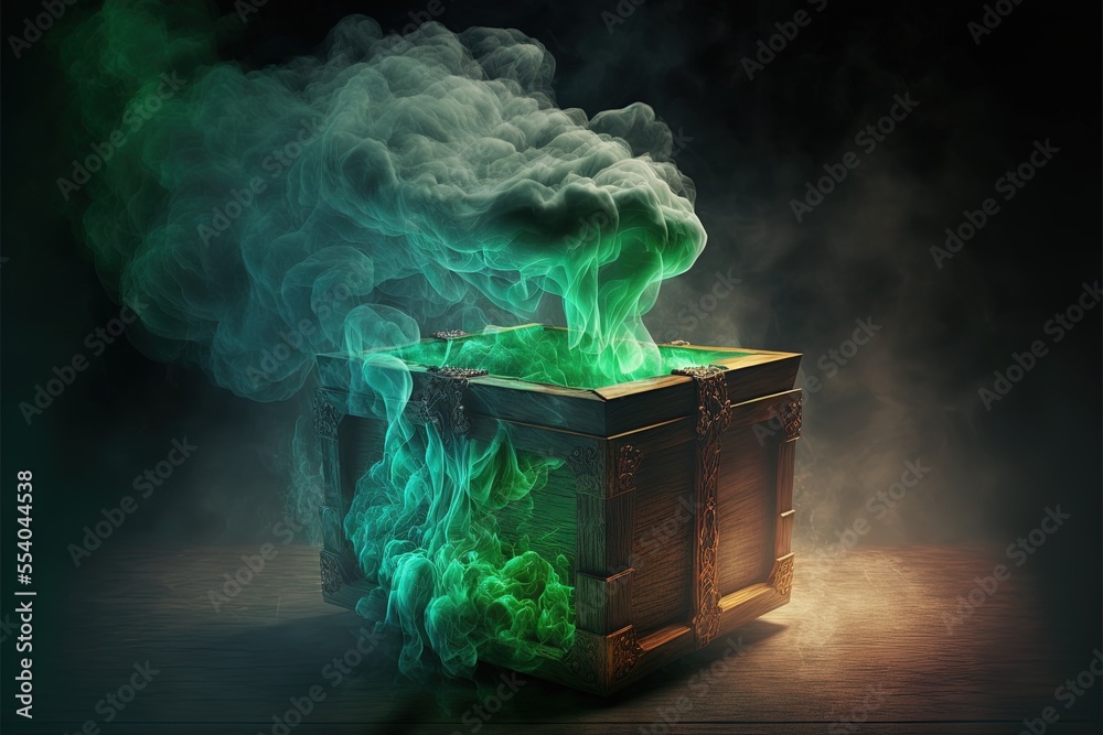 Premium Photo  Open pandora's box with green smoke on a wooden background  digital illustration ai