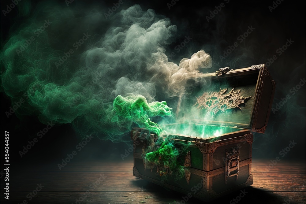 open pandora's box with green smoke on a wooden background. Digital  illustration. Generative AI Illustration Stock | Adobe Stock