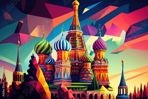 bright kremlin on colorful geometric background, generative ai photo