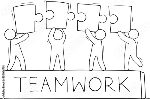 Sketch of working little people with puzzle, teamwork.