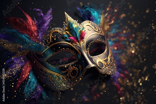 Realistic festive background with ornate masquerade carnival mask, feathers, sequins and confetti. Generative Ai © makstorm