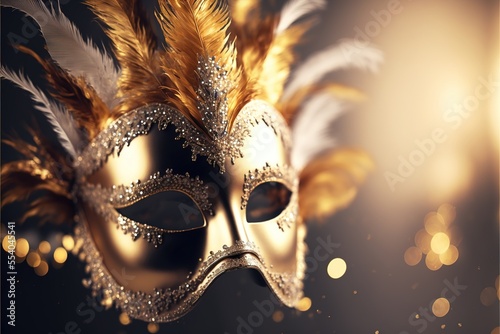 Realistic luxury carnival mask with yellow feathers. Abstract blurred background, gold dust, and light effects. Generative Ai