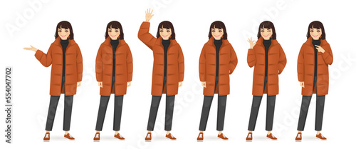 Young beautiful woman in warm puffy jacket. Winter or autumn clothes isolated vector illustration