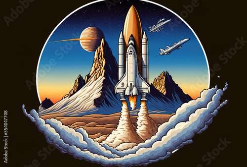 Cartoon symbol shows a space shuttle lifting off with a mountain, a tower, and a satellite in the background. Generative AI