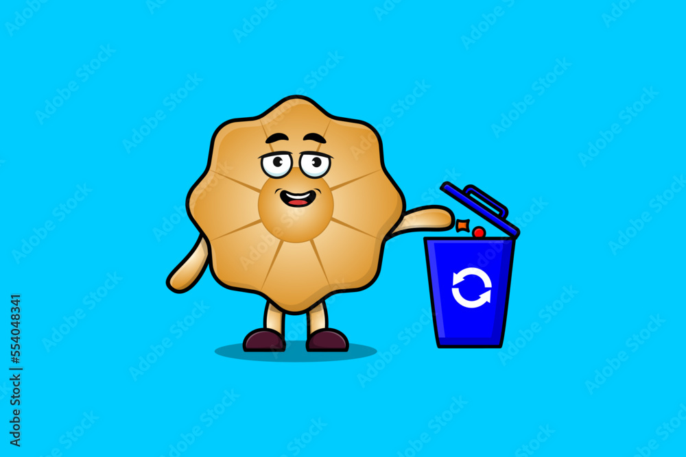 Cute cartoon Cookies throwing trash in the trash in flat modern style design illustration Cute cartoon Cookies throwing trash in the trash in flat modern style design illustration