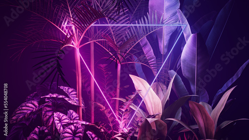 Tropical Plants Illuminated with Pink and Blue Fluorescent Light. Rainforest Environment with Triangle shaped Neon Frame.
