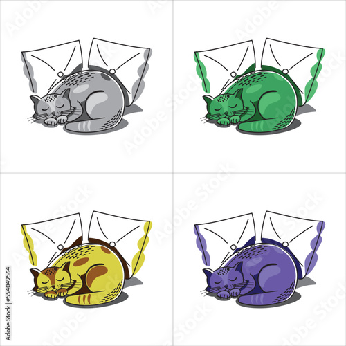 Four sleeping cats are laying on pillows. Doodles in different colors.