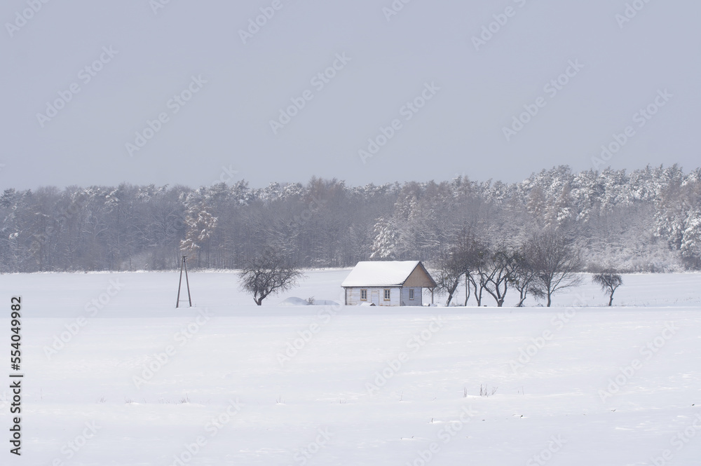 Samotny zaśnieżony domek zimą.