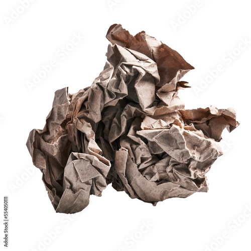  One brown crumpled paper ball over isolated white background