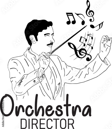 Music orchestra conductor logo, Conductor hands with baton, Man conducting an orchestra sketch drawing illustration, Musical arranger mascot, hand holding music stick, Music conductor vector silhouett