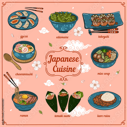 Japanese cuisine menu with illustrations of dishes. Vector graphics.