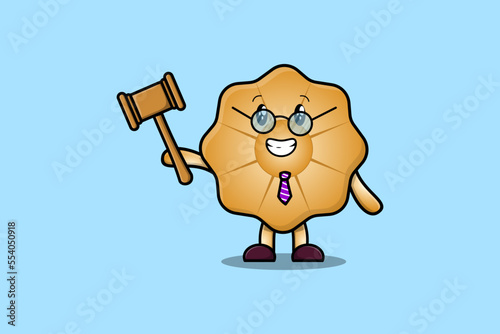 Cute cartoon mascot character wise judge Cookies wearing glasses and holding a hammer 