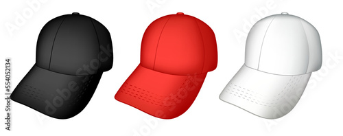 A set of side sports baseball caps in black, red and white colors without a logo or text, for designing advertising and logos