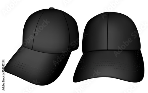 A set of side and front black sports baseball cap without logo and text, for designing advertising and logos