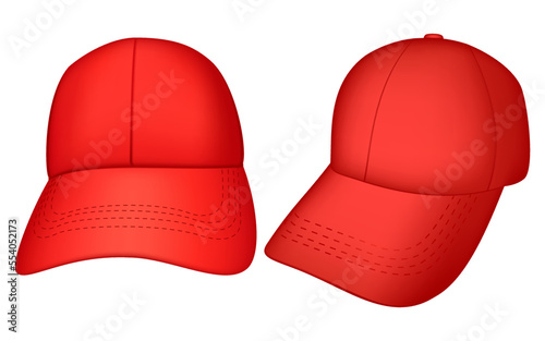 Set of side and front red sports baseball cap without logo and text, for designing advertising and logos