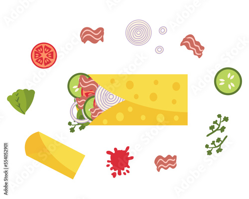 Pork Carnitas mexican fastfood burrito recipe ingredients. Perfect for tee, stickers, menu and stationery. Isolated vector illustration for decor and design.