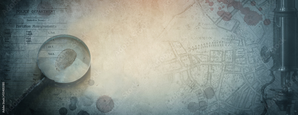 Magnifier, fingerprint, blood drops, microscope, map and police form. Vintage background on the theme of crime, police, detective, investigation. - obrazy, fototapety, plakaty 