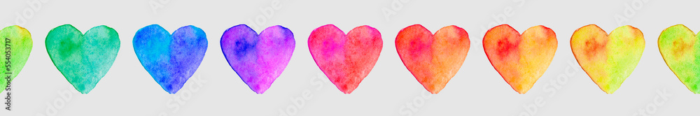 Watercolor hearts colored with rainbow colors. Love and marriage illustration concept on white background. Valentine's Day