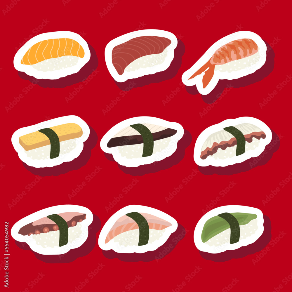 Sketch drawn vector set illustration of sushi sticker isolated on red background. Traditional Japanese dishes - onigiri, nigiri, temaki, maki, gunkan. Poster, sign, menu page, flyer, banner Sketch drawn vector set illustration of sushi sticker isolated on red background. Traditional Japanese dishes - onigiri, nigiri, temaki, maki, gunkan. Poster, sign, menu page, flyer, banner