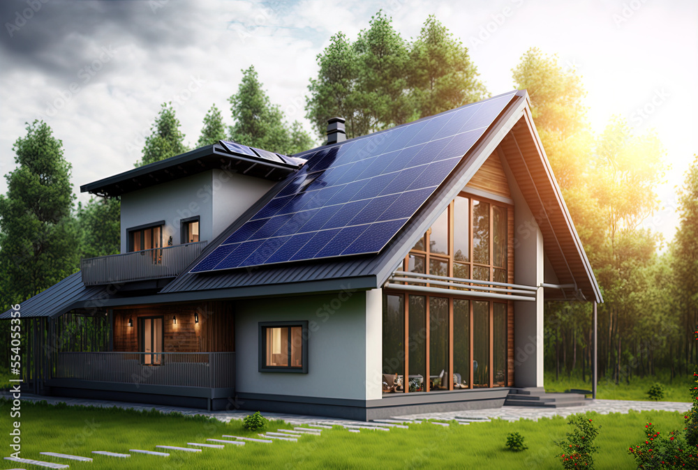 New environmentally friendly home with solar panels as an alternative to traditional energy sources; the battery is charged by a solar cell renewable green energy sustainable living. Generative AI New environmentally friendly home with solar panels as an alternative to traditional energy sources; the battery is charged by a solar cell renewable green energy sustainable living. Generative AI