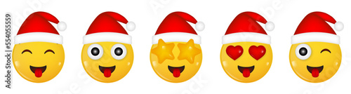 Set of smiling Faces With Hearts. Love Emoji. Yellow glossy 3d emotion. Heart-shaped eyes. In love smile. Red hearts. Air kiss. Lips. Christmas hat. Happy New Year. Laughing face showing tongue. Wink