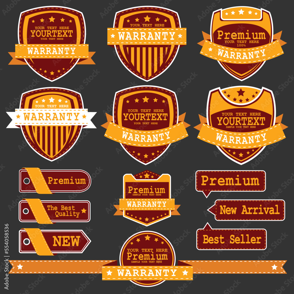 Vintage Labels set. Place your logo on shield. Copyspace. Shield with ribbon and crown. Coat of arms. Retro design. High quality.