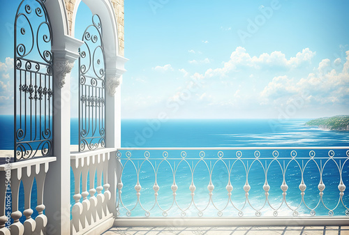 Vacation inspiration summer vista with traditional white railing and empty patio overlooking the Mediterranean Sea. Text space is available. Generative AI