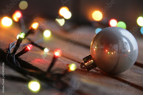 Christmas garland close up. New Year home decorations.