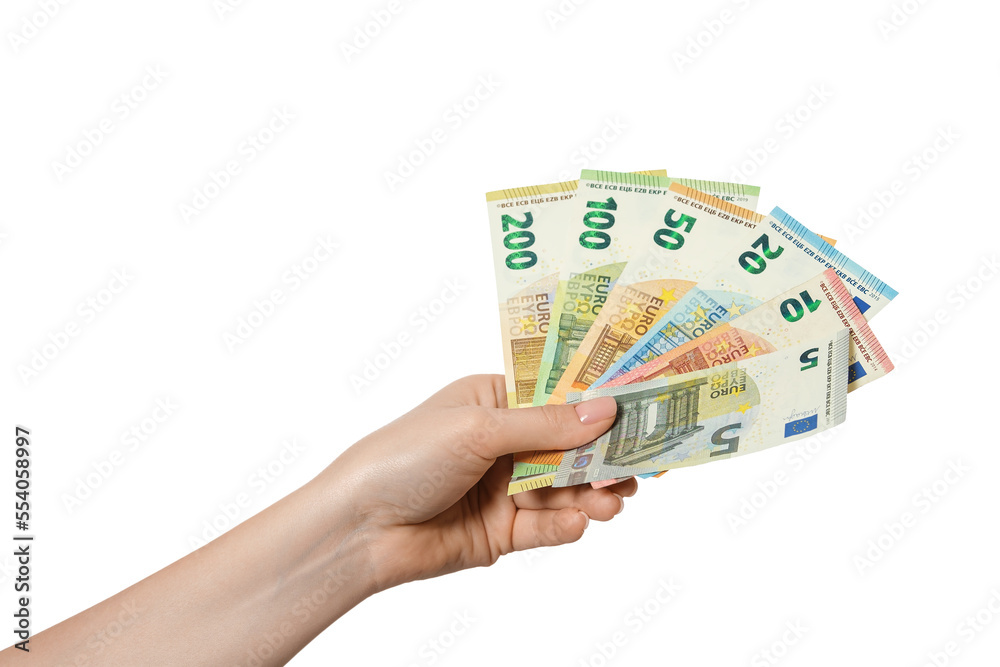 Banknote of 200, 100, 50, 20, 10, 5 euros in a female hand, isolate - obrazy, fototapety, plakaty 