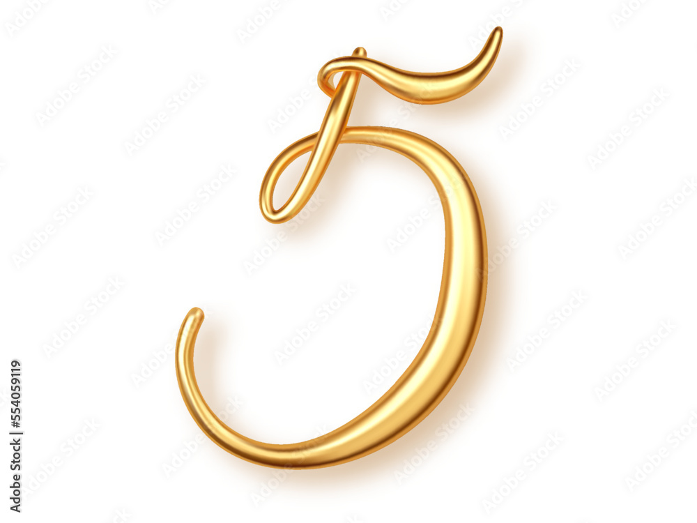 Gold number 5, 3d realistic lettering isolated on transperent background. PNG. Number five uppercase for the design of banner or greeting card, significant date or event